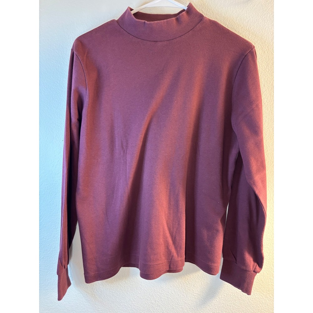Lands End Womens Medium Burgundy Plum Mock Neck Long Sleeve 100% Cotton USA Made